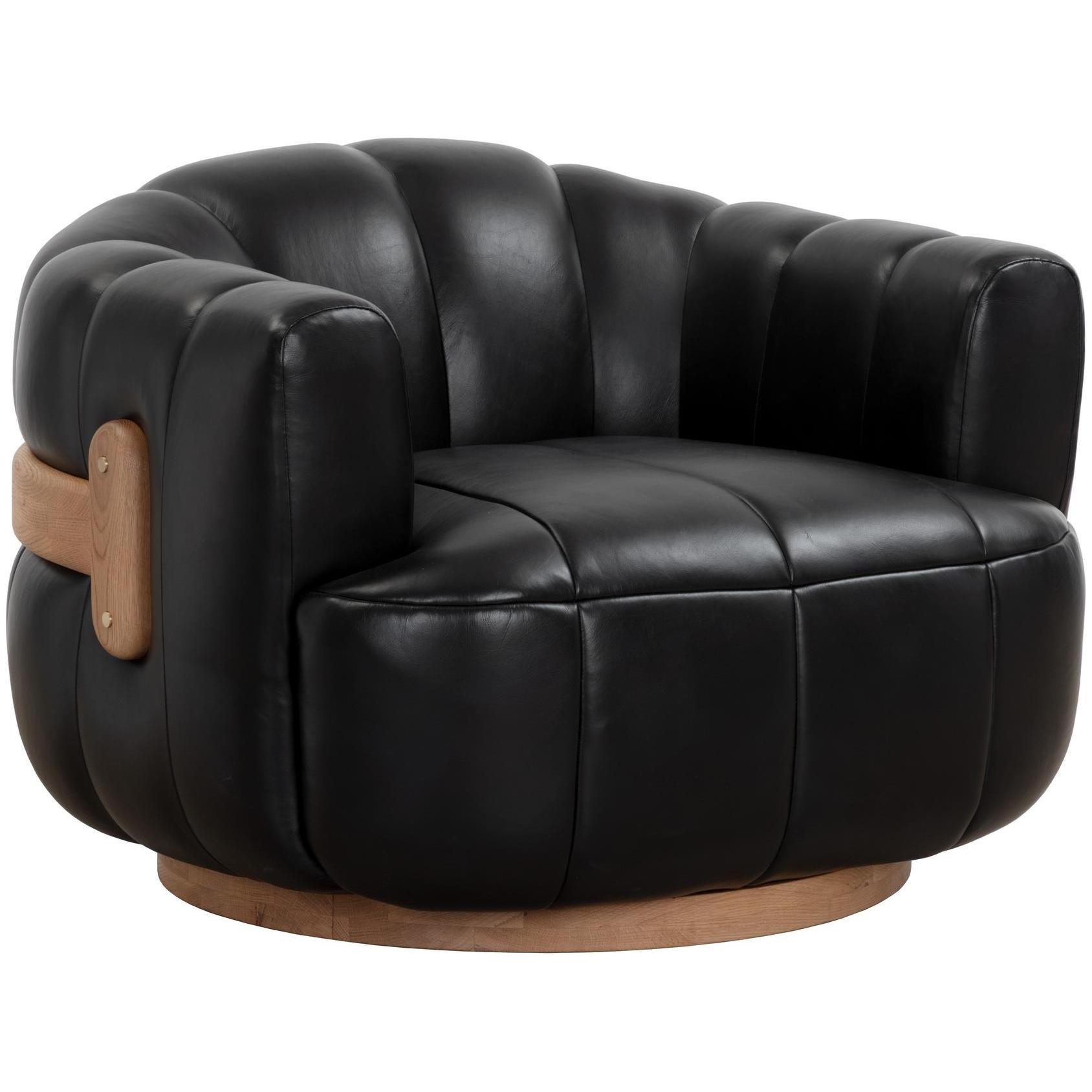 Tadeo Swivel Lounge Chair - Rustic Oak Wood - Vintage Black Night Leather
