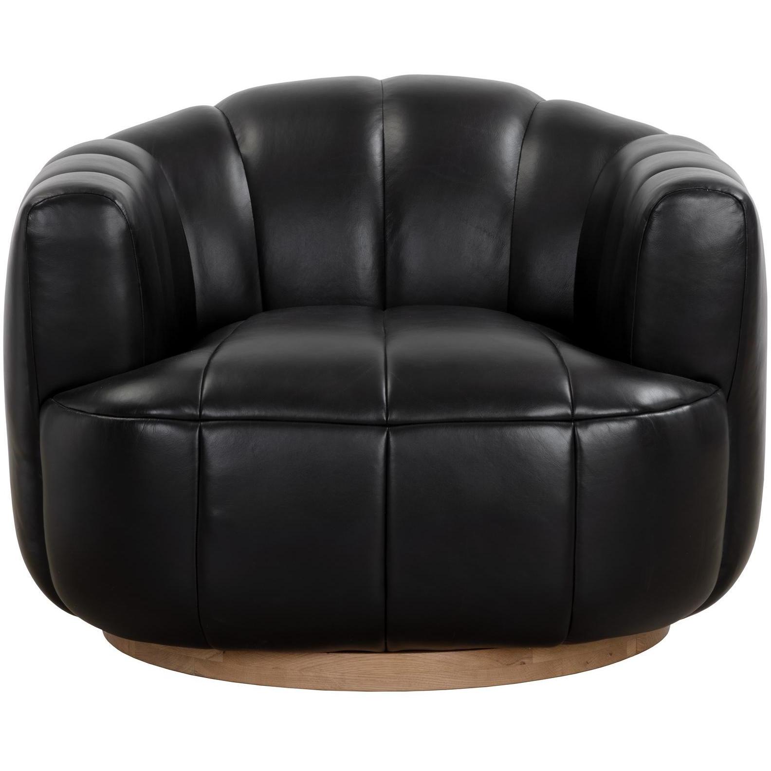 Tadeo Swivel Lounge Chair - Rustic Oak Wood - Vintage Black Night Leather - Image 2