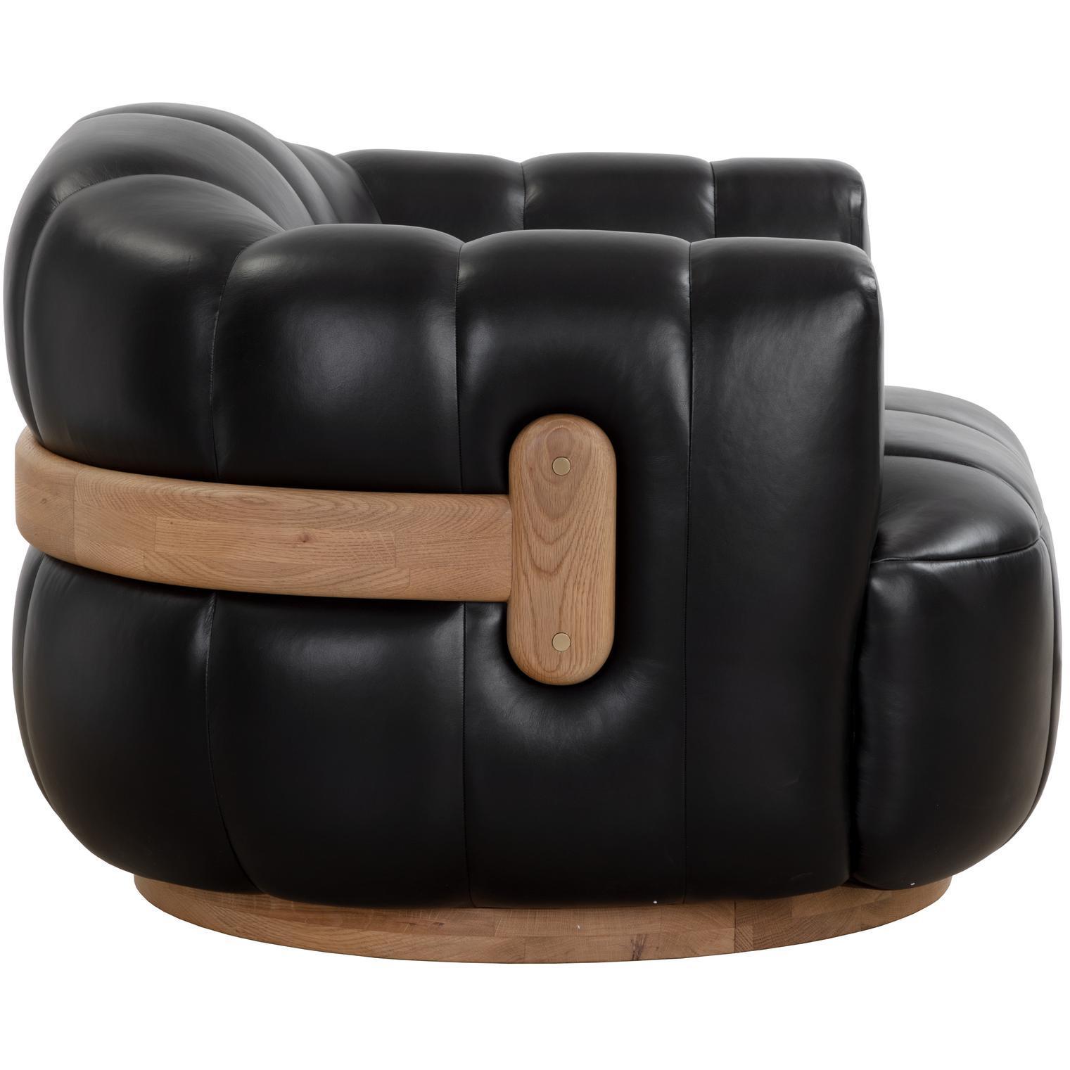 Tadeo Swivel Lounge Chair - Rustic Oak Wood - Vintage Black Night Leather - Image 3