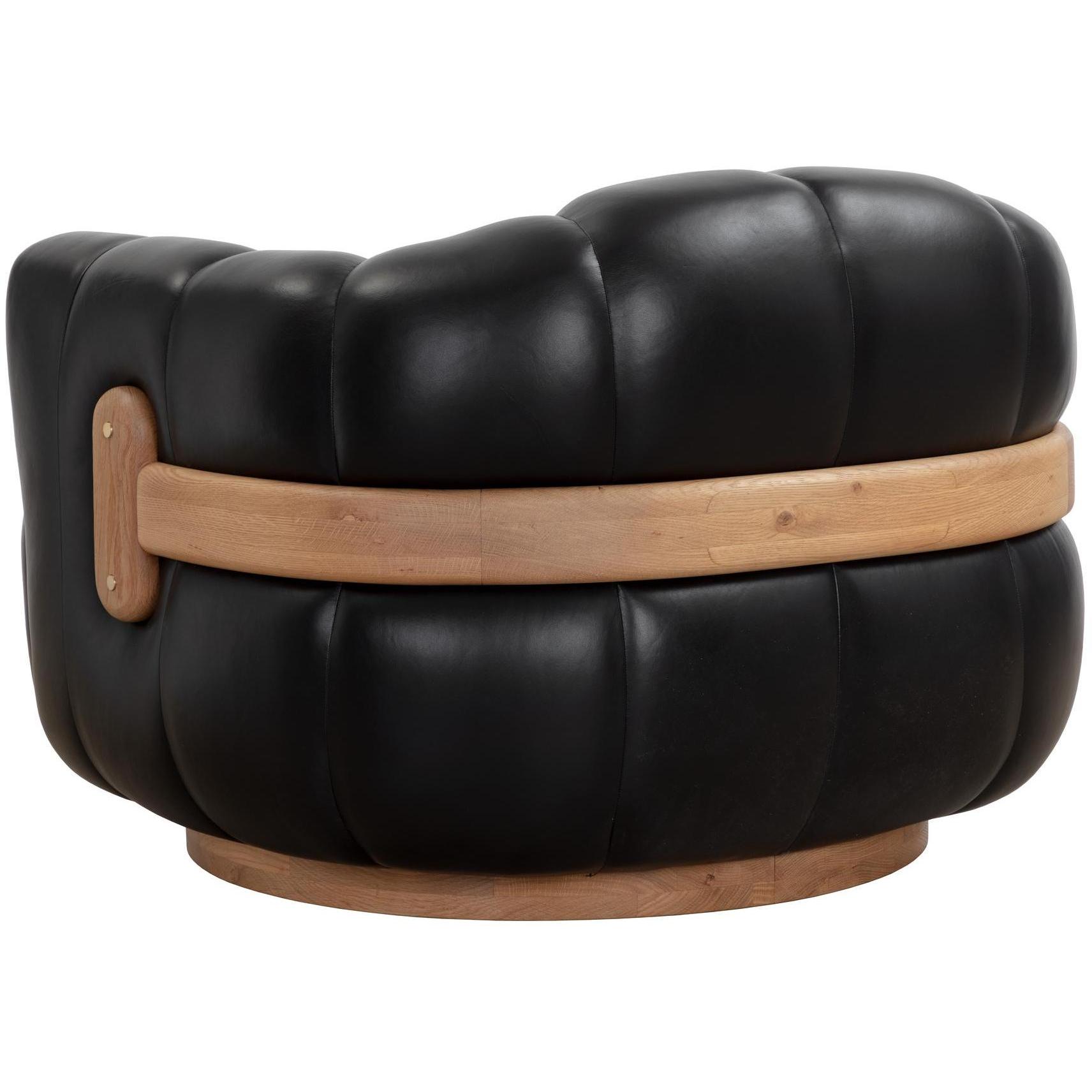 Tadeo Swivel Lounge Chair - Rustic Oak Wood - Vintage Black Night Leather - Image 4