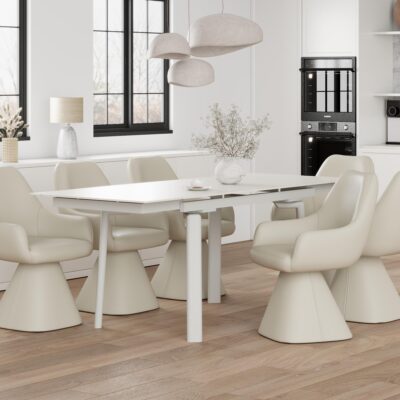Alternative view of Bellaro Dining Table with Extension in Travertine and Cream