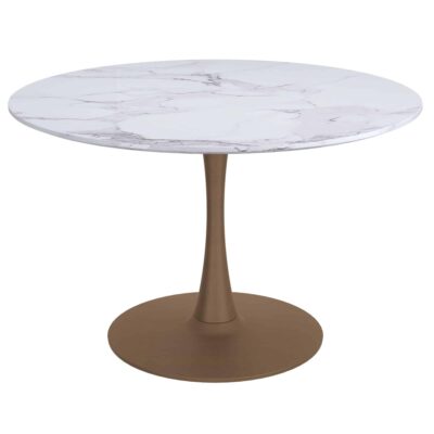 Zilo 48" Round Dining Table in White Faux Marble and Aged Gold