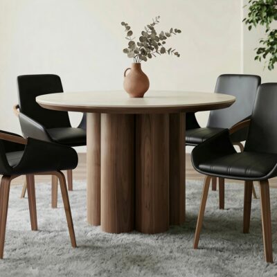 Alternative view of Seaton Round Dining Table, 47" in Walnut and Travertine