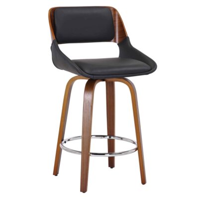 Hudson 26" Counter Stool with Swivel in Black Faux Leather and Walnut