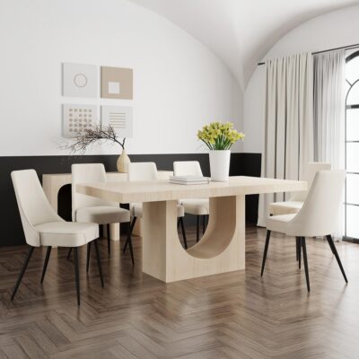 Aurelia/Koda 7pc Dining Set - Travertine Table with Beige PU Chair