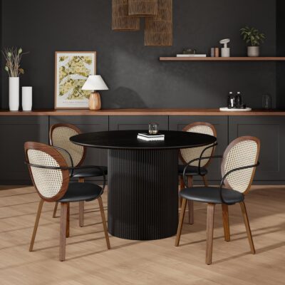Tovas/Orias 5pc Dining Set - Black Round Table with Walnut Chair