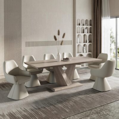 Eclipse/ Caprese 7pc Dining Set - Washed Oak Table with Beige Chair