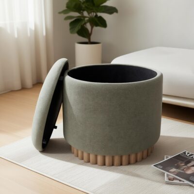 Sadie Round Storage Ottoman in Moss and Natural