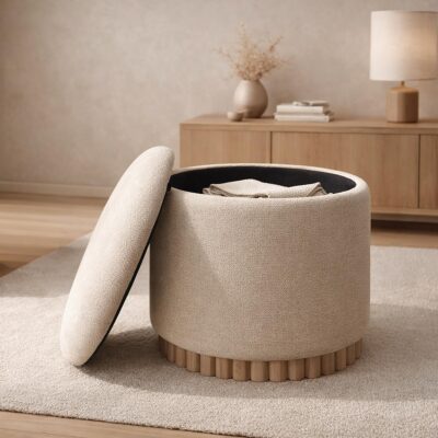 Alternative view of Sadie Round Storage Ottoman in Oat and Natural