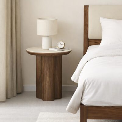 Alternative view of Seaton Round Accent Table in Walnut and Travertine