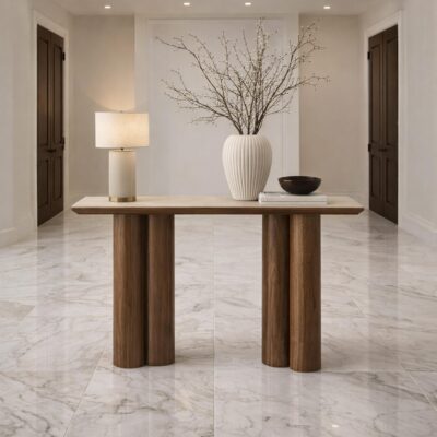 Alternative view of Seaton Console Table, 47.25" in Walnut and Travertine